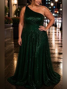 Green One-Shoulder Sequin Evening Dress
